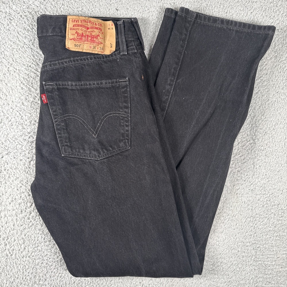 Levis 501 Jeans Mens 31x34 Black Straight Button Fly American Dark Wash Denim